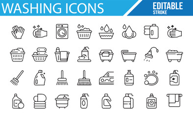Household Cleaning and Washing Icons Including Soap, Detergent, and Washer