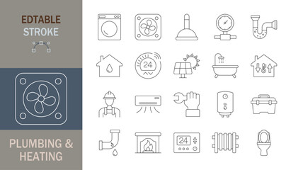 Plumbing and Heating icon set. Editable line icons. Vector illustration.