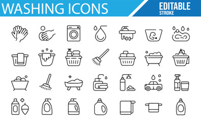 Icons Collection Featuring Washing, Laundry, and Home Care Activities

