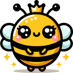 Cute Cartoon Queen Bee with Crown and Sparkles – Adorable Vector Character for Kids Design