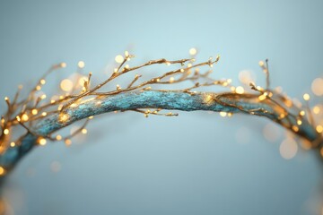 A light blue branch is decorated with soft glowing fairy lights in an arch shape.