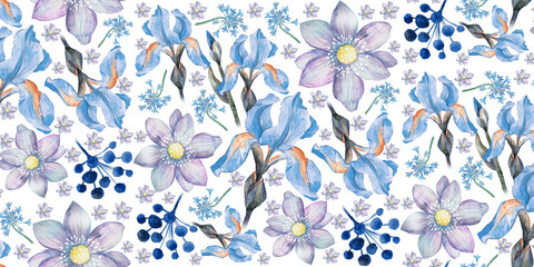 Watercolor floral pattern with blue irises, berries, and lilac blossom painting