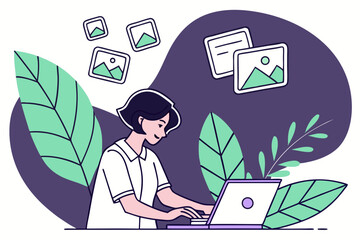 Minimal Vector Illustration of Woman Using Laptop for Photo Editing and Design