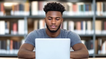 Young Black male adult focused on studying with a laptop in a library setting, encapsulating education, technology, and concentration digital literacy academic pursuit