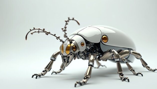 White robotic beetle studio shot. Modern mechanical insect model design with gold accents. Futuristic creature, robot art, tech innovation on clean white background. Perfect for tech, science, future