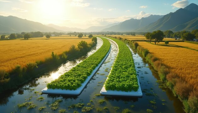Aerial view of hydroponic farm. Floating gardens grow crops between vast fields of golden wheat. Mountains on horizon. Sustainable tech, food production, innovation, eco agriculture.