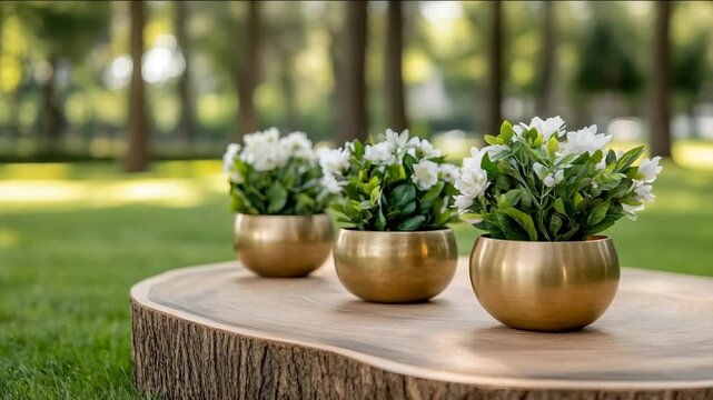 Three elegant brass pots with white flowers on a wooden slab evoke serenity, blending nature, tranquility, and rustic aesthetics suitable for eco-conscious decor enthusiasts