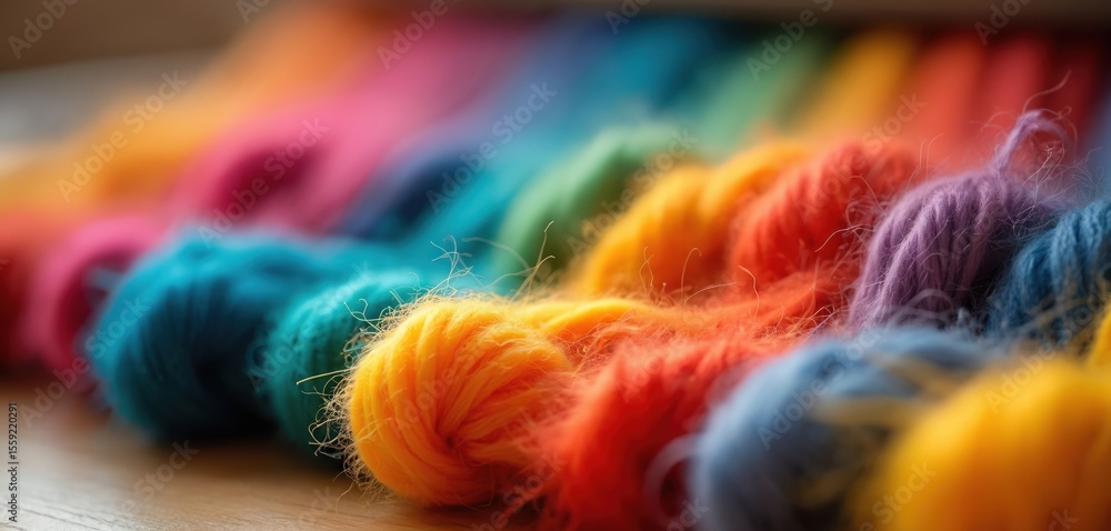 Poster vibrant threads of yarn in rainbow spectrum. wool threads, multicolored skeins with soft texture, us