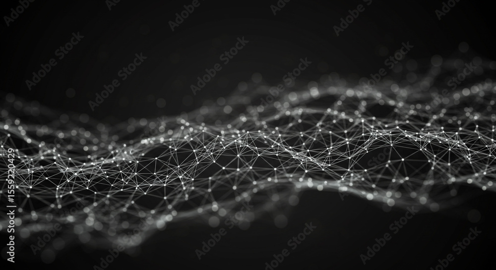 Poster abstract network of white dots connected by lines on a dark background in a blurry perspective