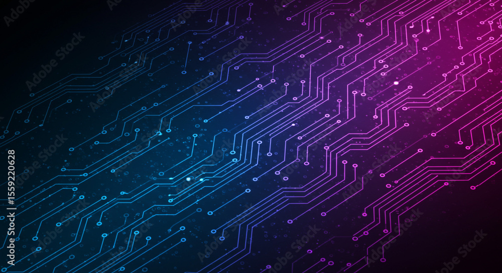 Poster abstract circuit board design with blue and pink gradient lighting on a dark background texture