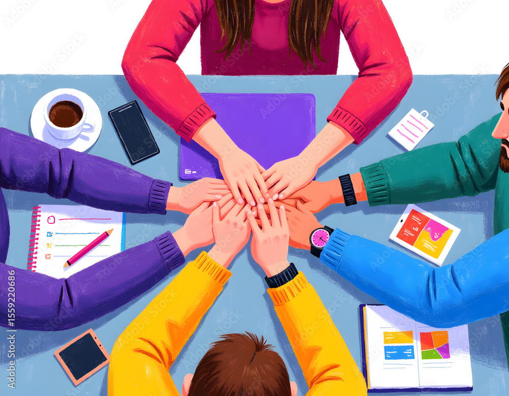 Poster team members put their hands together in a show of unity and support.