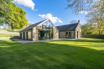 A contemporary stone house is beautifully nestled in a vibrant green lawn, with tall trees encircling it, all set against the backdrop of a tranquil rural landscape on a bright, sunny day
