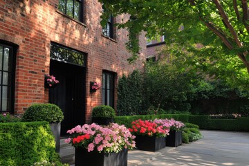 Beautiful brick house surrounded by vibrant flowers and lush greenery in a serene garden setting during the early afternoon hours