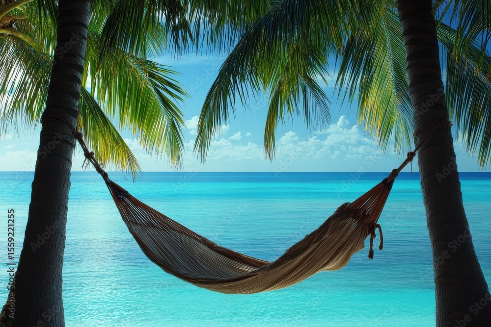 Poster hammock swaying gently between palm trees on a tranquil beach