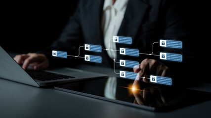 Blockchain structure showing distributed data blocks linked with encryption, representing secure...