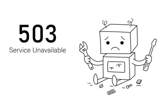 503 Service Unavailable error page, broken robot isolated in white background
