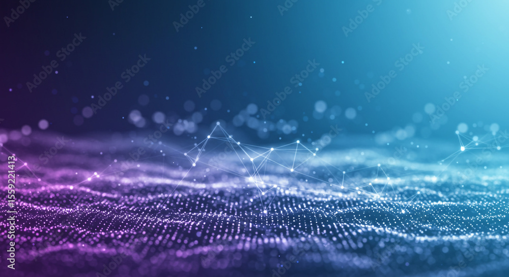 Poster abstract network with glowing dots and connecting lines on a gradient blue and purple background