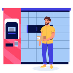 Woman receives or sends parcel in parcel locker. Vector illustration. Contactless delivery, pick up self-service concept