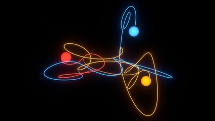 Chaotic three-body orbit gravitational simulation 3d illustration can be used in astrophysics explainers and chaos-theory visuals or chaotic system unpredictability