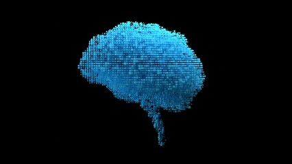Blue voxel brain cloud 3D illustration. Can be used in AI presentations, neuroscience explainers or machine learning intros