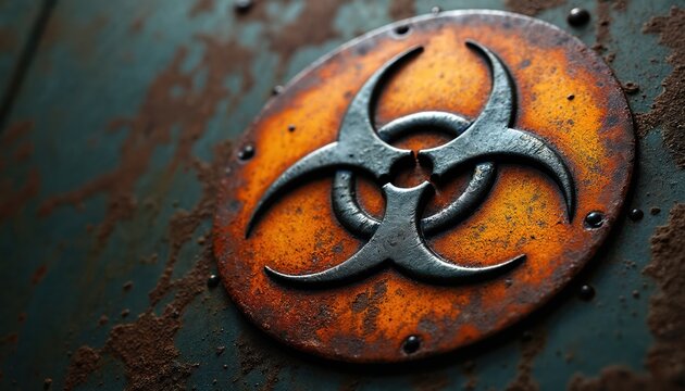 Extreme close-up of biohazard symbol on rusty metal surface. Warning sign for toxic materials, chemical, biological hazards. Grunge, vintage design. Conceptual image for contamination, pollution, - Powered by Adobe