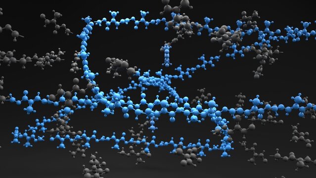 Polymerization molecular chain growth  3d illustration can be used in plastics manufacturing, organic chemistry and macromolecules education tutorials