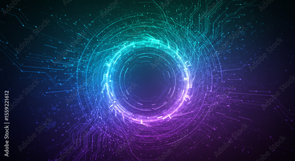 Poster glowing circular network with blue and purple hues in a dark abstract background design element