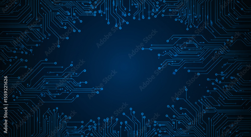 Poster blue circuit board pattern with intricate connections and a dark background design element style