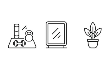 Fitness equipment and potted plant line art illustration