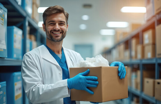 Smiling male doctor holds medical supplies box in hospital storage room. Caucasian pro in uniform, gloves works with medicine, logistic equipment, healthcare.