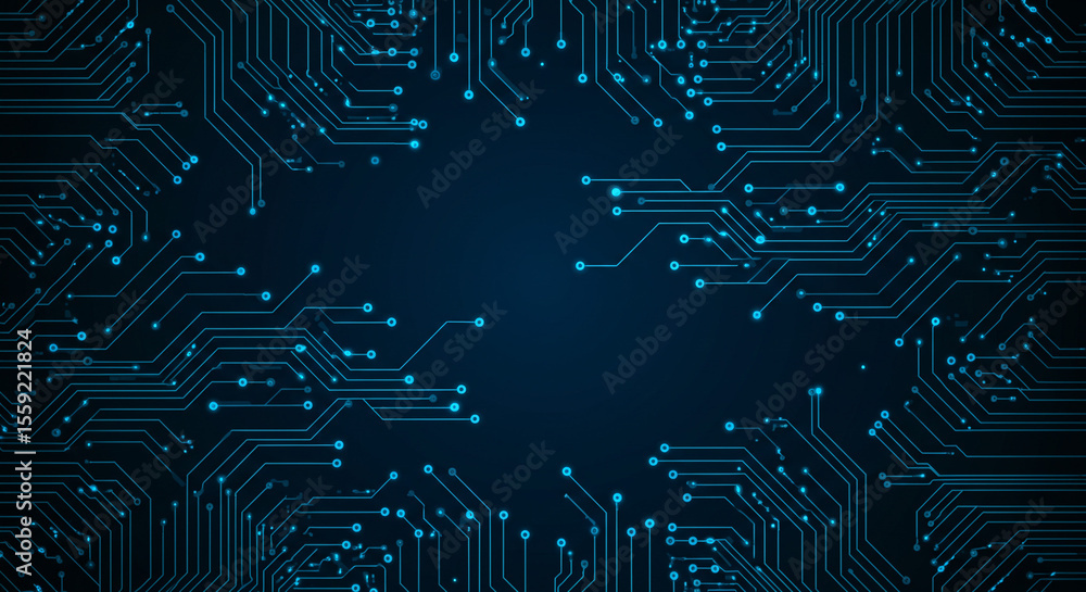 Poster a detailed view of a blue circuit board pattern with glowing nodes and connecting lines on a dark ba