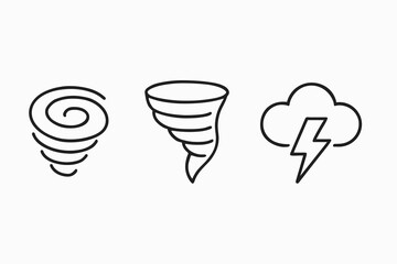 Black and white weather icons: tornado, cyclone, storm cloud with lightning