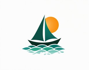 Travel startup logo features sailboat, sun, waves. Represents vacation, journey, tour. Sailing theme. Design, branding, perfect for travel agency, cruise company, resort. Coastal paradise symbol of