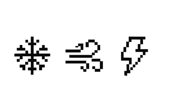 Pixel icons of snowflake, wind, and lightning symbols