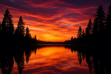 AI-generated image of a fiery forest sunset reflection.