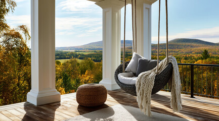 Un fauteuil suspendu confortable sur le porche d'une élégante maison avec vue magnifique sur paysage, un tabouret rond tressé et des colonnes imposantes sur la terrasse.