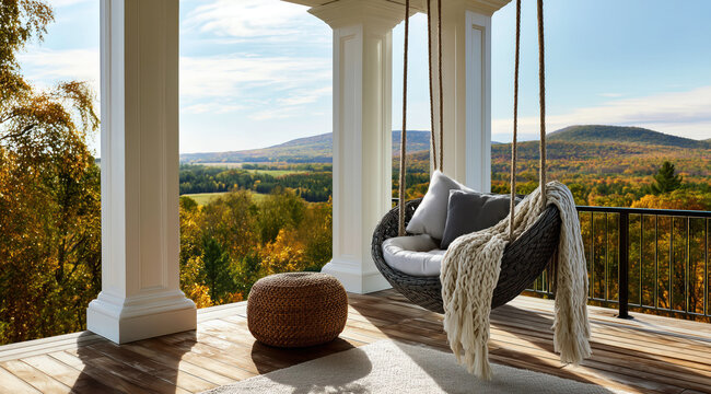 Un fauteuil suspendu confortable sur le porche d'une &eacute;l&eacute;gante maison avec vue magnifique sur paysage, un tabouret rond tress&eacute; et des colonnes imposantes sur la terrasse.