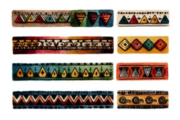 Set african tribal motive border in doodle hand drawn style from geometrical shapes isolated on white background. boho scandinavian srtoke, traditional native decor.