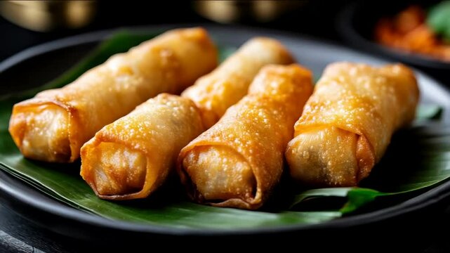 Golden, crispy spring rolls elegantly arranged on a banana leaf evoke Asian cuisine, perfect for Lunar New Year celebrations and culinary enthusiasts Dim sum, finger food