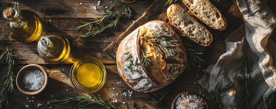 Freshly baked artisan bread with olive oil, herbs, and sea salt on a rustic wooden table. - Powered by Adobe