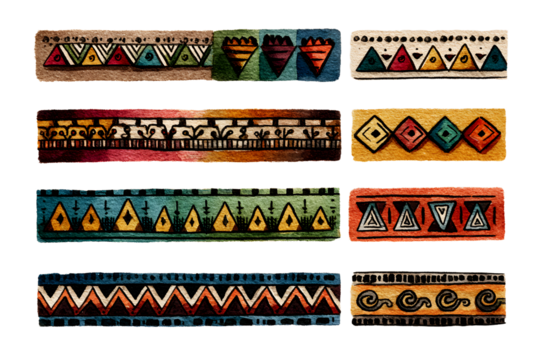 Set african tribal motive border in doodle hand drawn style from geometrical shapes isolated on white background. boho scandinavian srtoke, traditional native decor.