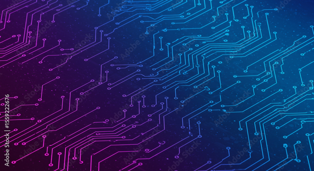 Poster abstract image of a circuit board with blue and purple lines on a dark gradient background design