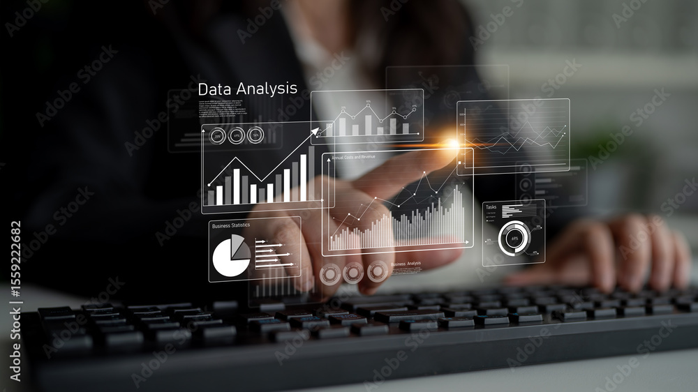 Poster business data analysis dashboard showing charts, statistics, and performance metrics for decision-ma