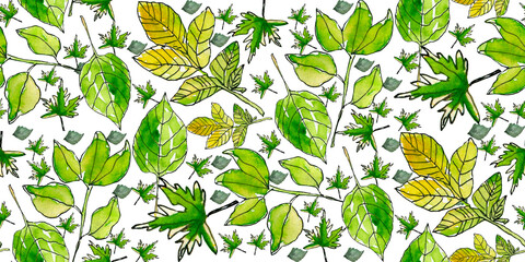 Watercolor Green Leaves Pattern with Geometric Background Abstract Design