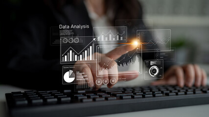 Business data analysis dashboard showing charts, statistics, and performance metrics for...