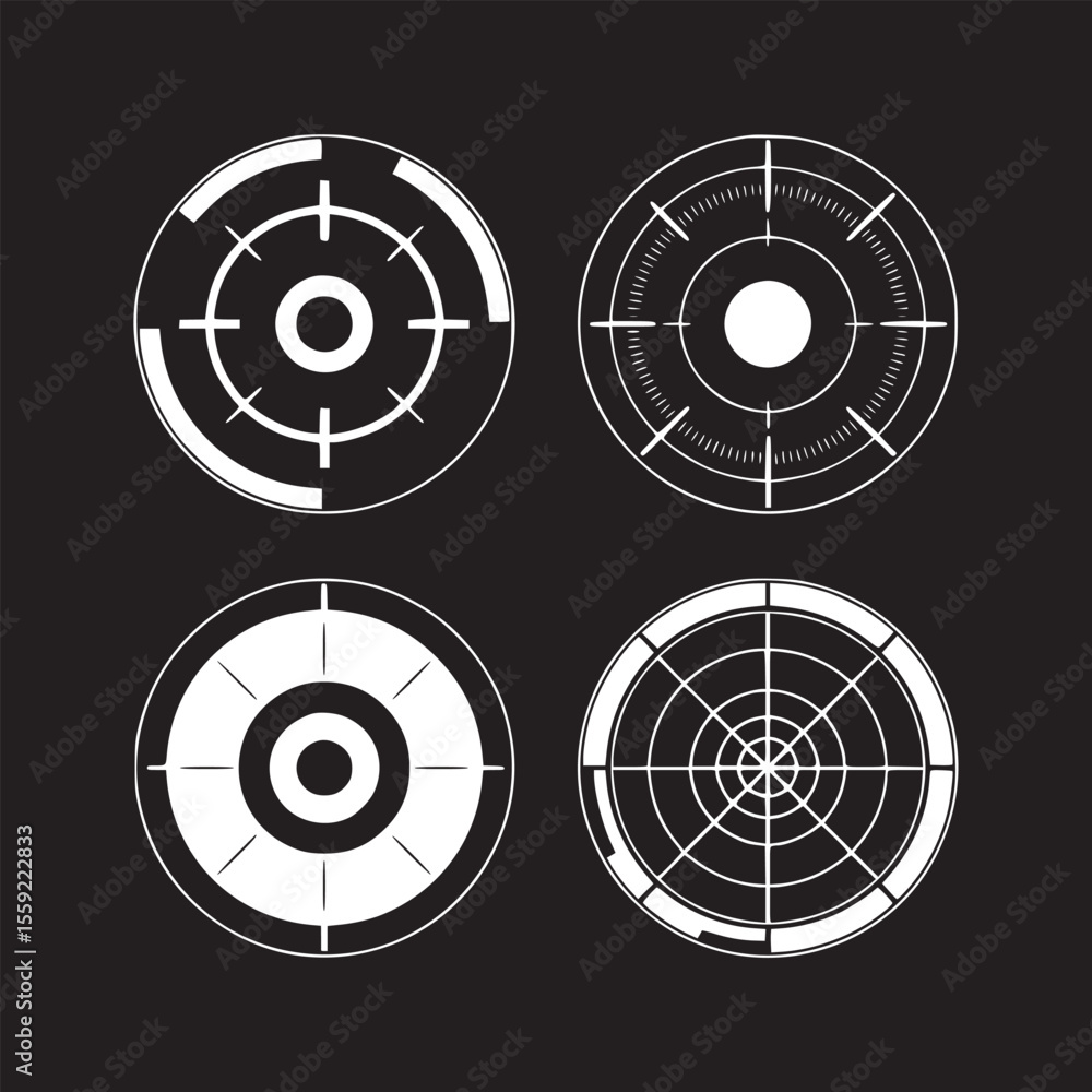 Poster four white circular target designs with crosshairs and lines on a black background square format