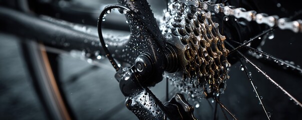 Detailed view of a bicycle drivetrain, glistening with water droplets, in a moody black and white image.