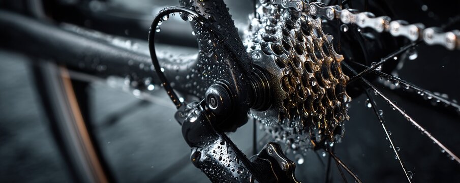 Detailed view of a bicycle drivetrain, glistening with water droplets, in a moody black and white image. - Powered by Adobe