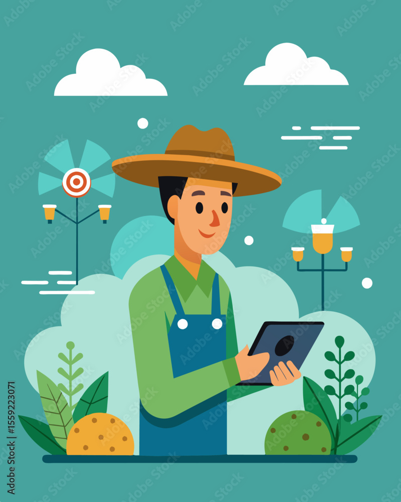 Poster a farmer using digital precision agriculture techniques to optimize crop yield and reduce unnecessar