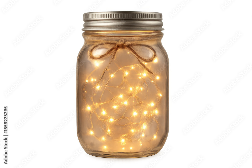 Poster luminous string lights illuminating inside a glass jar, creating a warm and magical atmosphere, on a